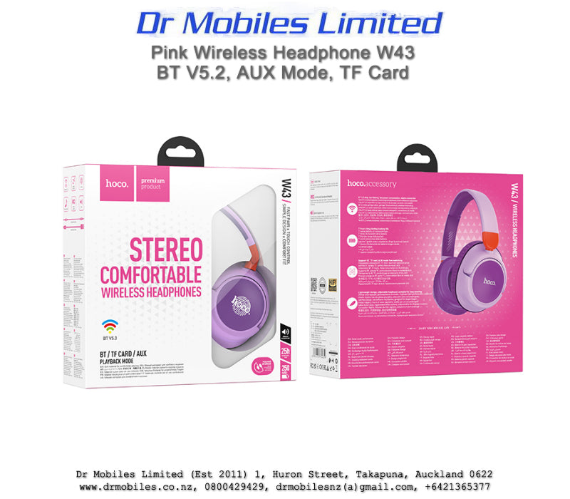 Pink Wireless Headphone W43 BT 5.2, TF card & AUX Mode - Hoco