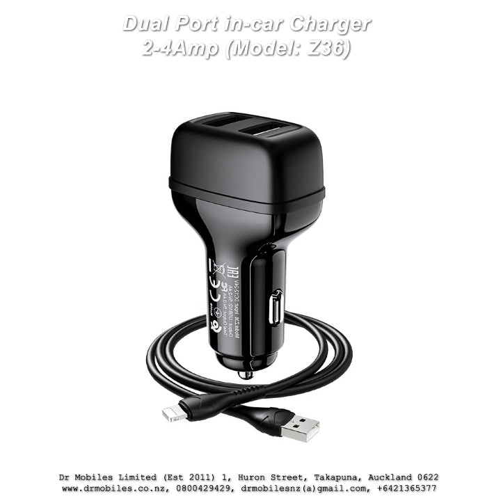 Compact Dual Port in-car Charger 2.4A mp (Model: Z36)