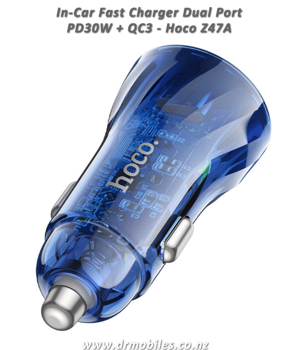 In-Car Fast Charger, Transparent, Dual Port PD30W + QC3 - Hoco Z47A