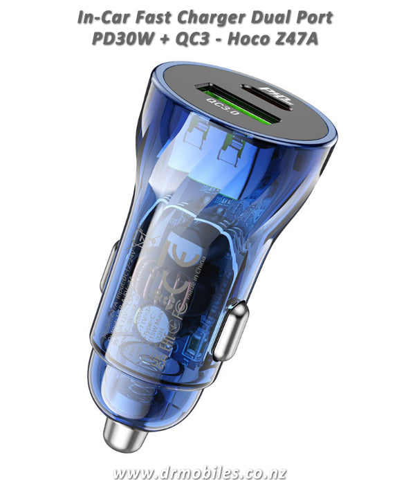 In-Car Fast Charger, Transparent, Dual Port PD30W + QC3 - Hoco Z47A