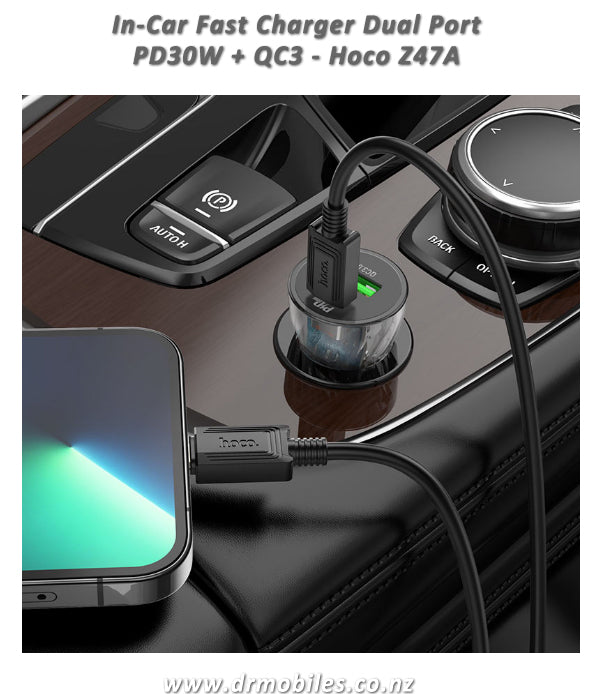 In-Car Fast Charger, Transparent, Dual Port PD30W + QC3 - Hoco Z47A