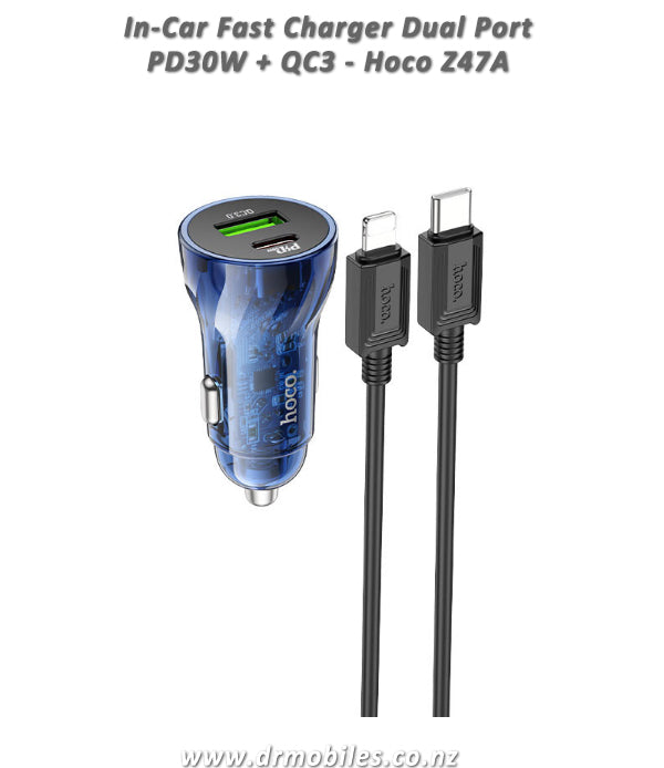 In-Car Fast Charger, Transparent, Dual Port PD30W + QC3 - Hoco Z47A