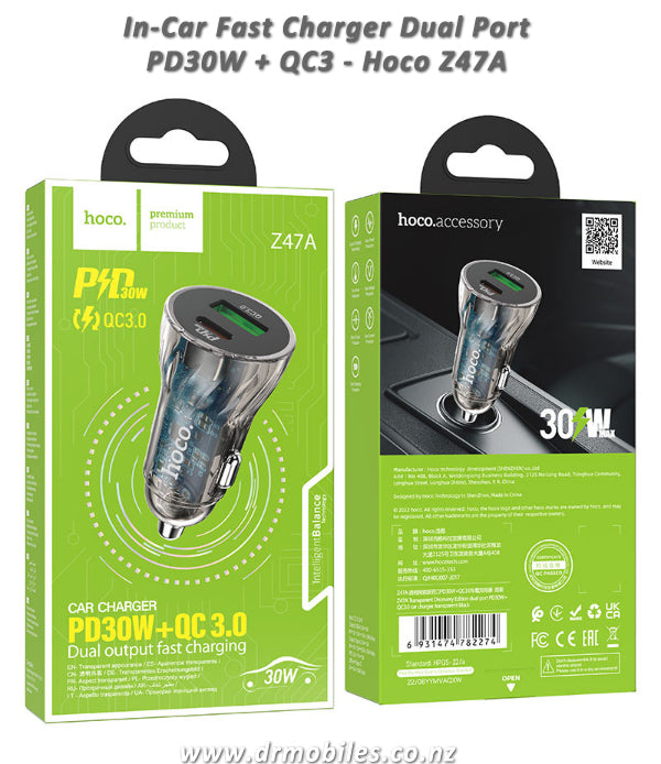 In-Car Fast Charger, Transparent, Dual Port PD30W + QC3 - Hoco Z47A