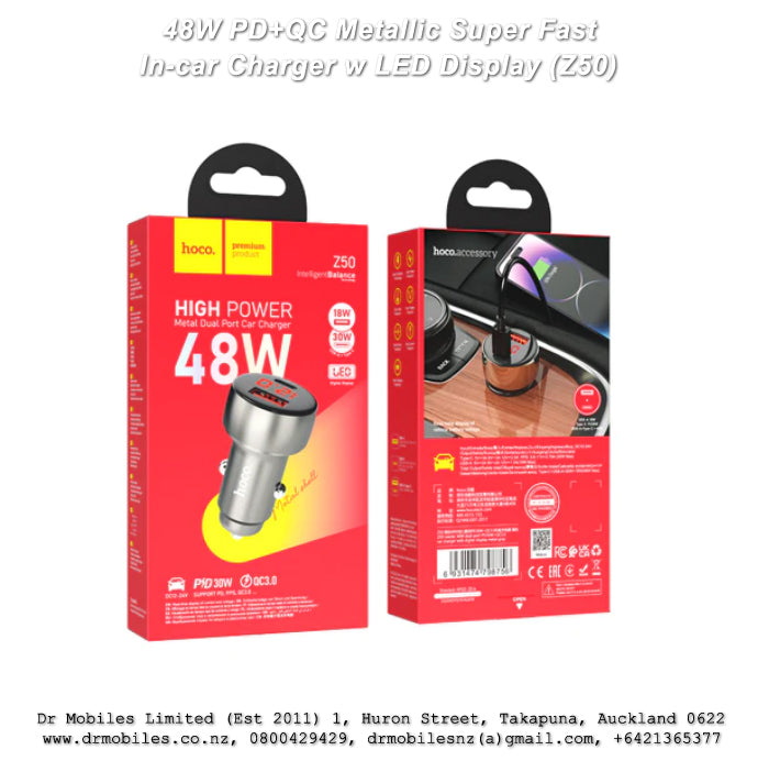 48W PD+QC Metallic Super Fast In-car Charger w LED Display (Z50)