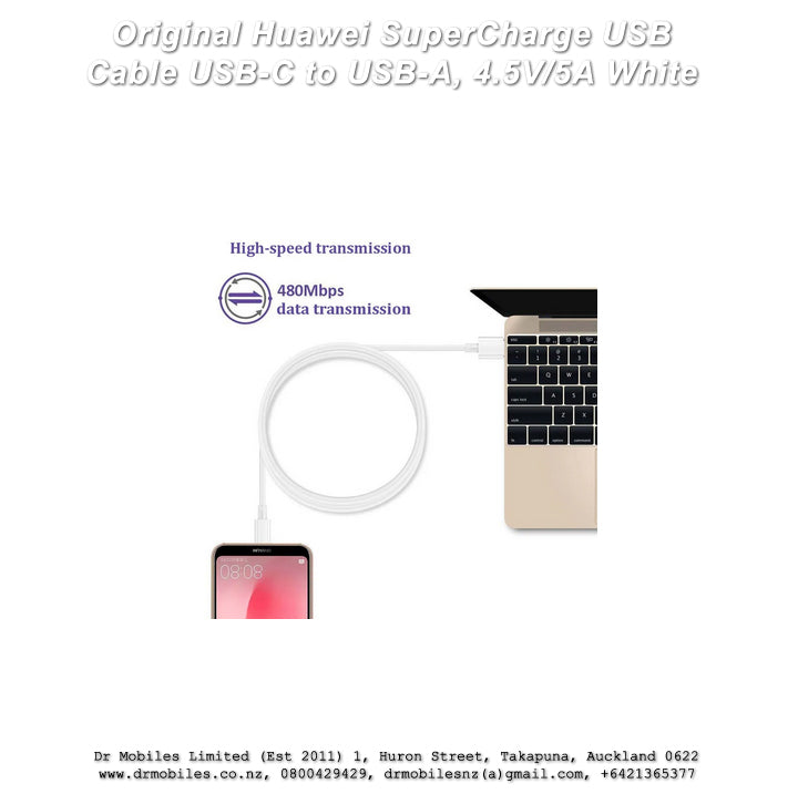 Original Huawei SuperCharge USB Cable - USB-C to USB-A, 4.5V/5A White