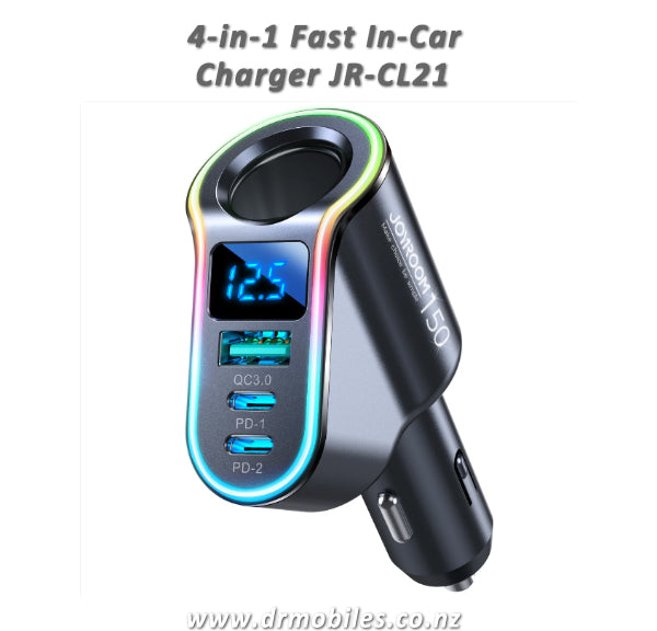 Fast in- car charger 4in1 USB-A, QC 3.0, 2xUSB-C PD 30 150W black (JR-