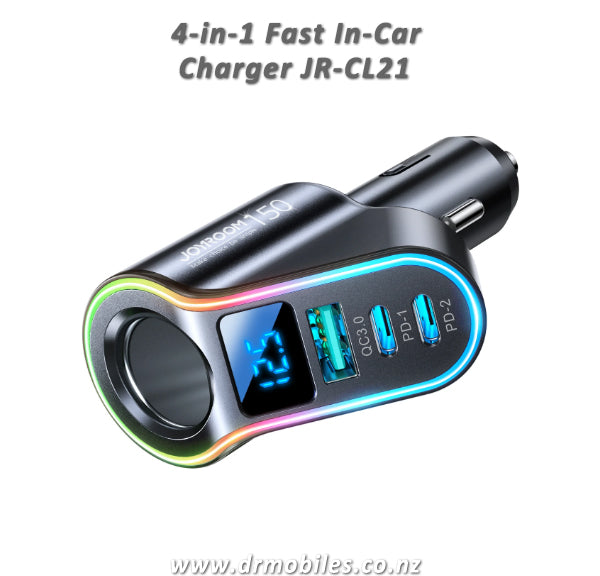 Fast in- car charger 4in1 USB-A,  QC 3.0,  2xUSB-C PD 30 150W black (JR-CL21)