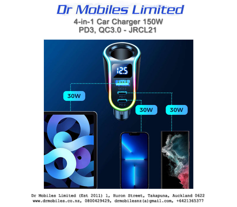 Fast in- car charger 4in1 USB-A, QC 3.0, 2xUSB-C PD 30 150W black (JR-CL21)