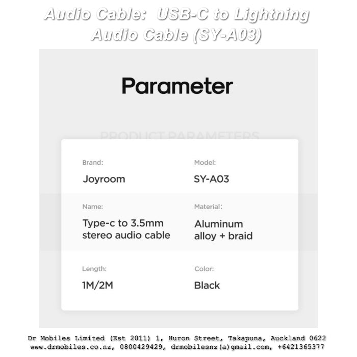 Type-C To 3.5Mm Port Hi-Fi Audio Cable 1 M - Black. Joyroom SY-A03