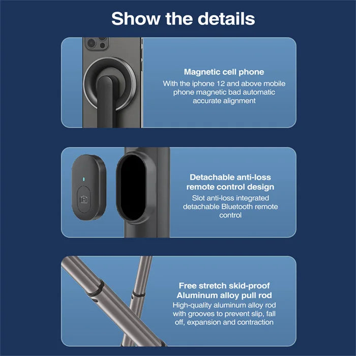 Magsafe Magnetic Phone Mount Remote Control Selfie Stick Tripod WS-22005 Magnetic Selfie Stick (Black/White)