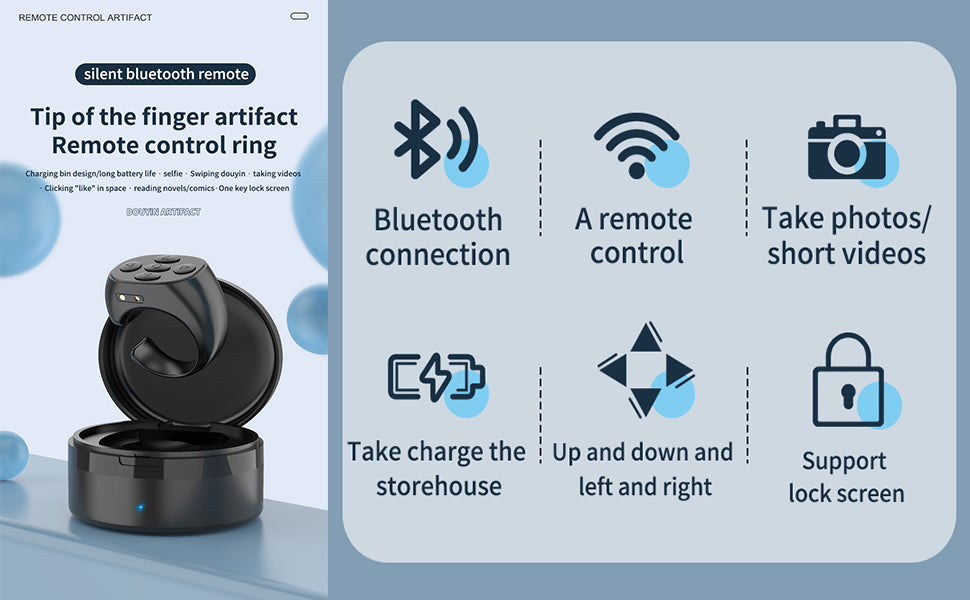 Bluetooth Remote Control Cellphone Smart Finger Ring Short Video remote Control with Charging Case(Black) For Tiktok JX-05S 5-button