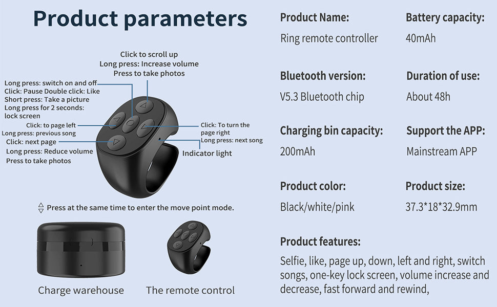 Bluetooth Remote Control Cellphone Smart Finger Ring Short Video remote Control with Charging Case(Black) For Tiktok JX-05S 5-button