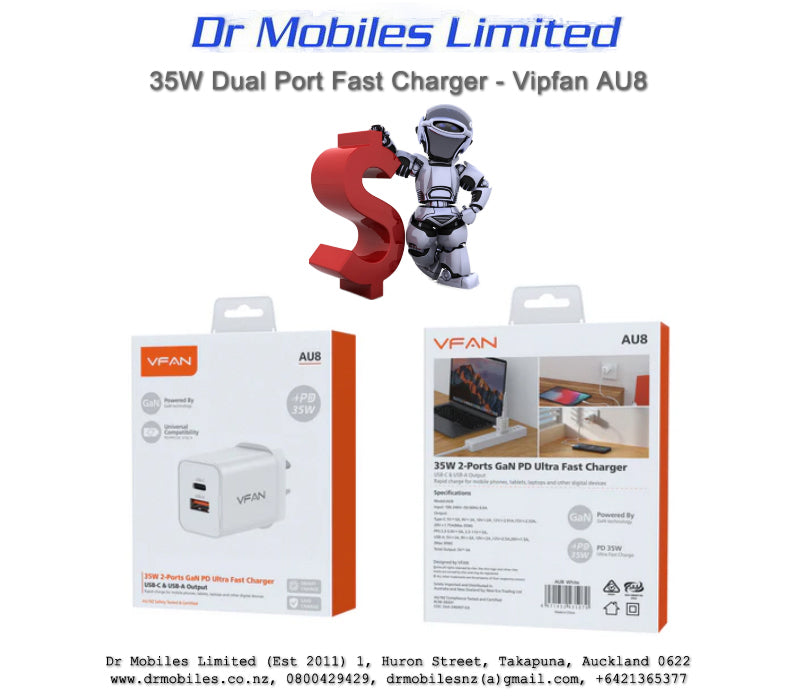 35W Dual Port, GAN Ultra Fast Charger - Vipfan AU8