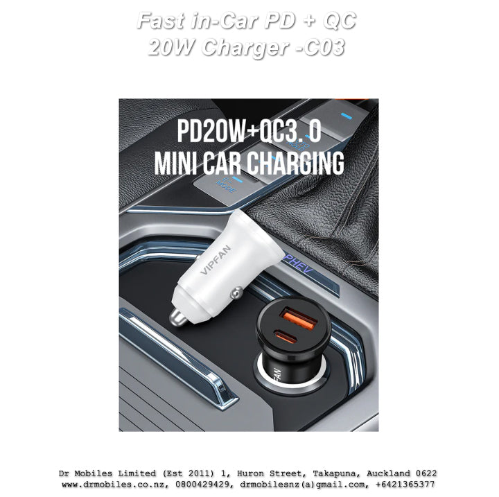 Fast in-Car PD + QC 20W Charger, USB "C" Port - C03