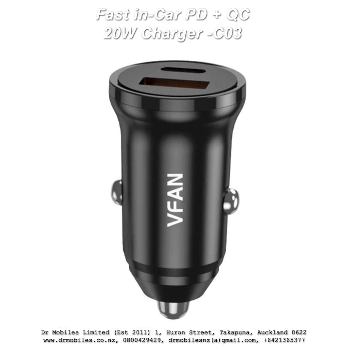 Fast in-Car PD + QC 20W Charger, USB "C" Port - C03