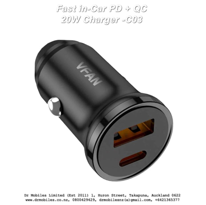 Fast in-Car PD + QC 20W Charger, USB "C" Port - C03