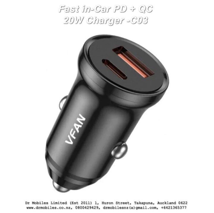 Fast in-Car PD + QC 20W Charger, USB "C" Port - C03