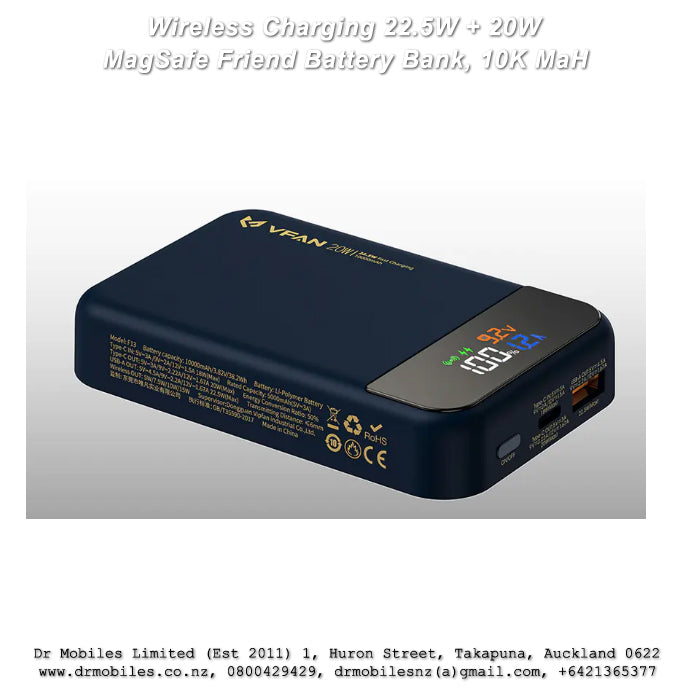 10,000 mAh, Magnetic PD 22.5W + 20W Wireless Charging Power Bank, LED Display, F13