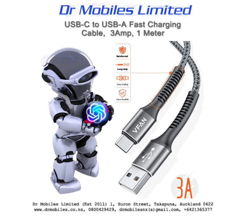 USB-C to USB-A Fast Charging Cable, 3Amp, 1 Meter