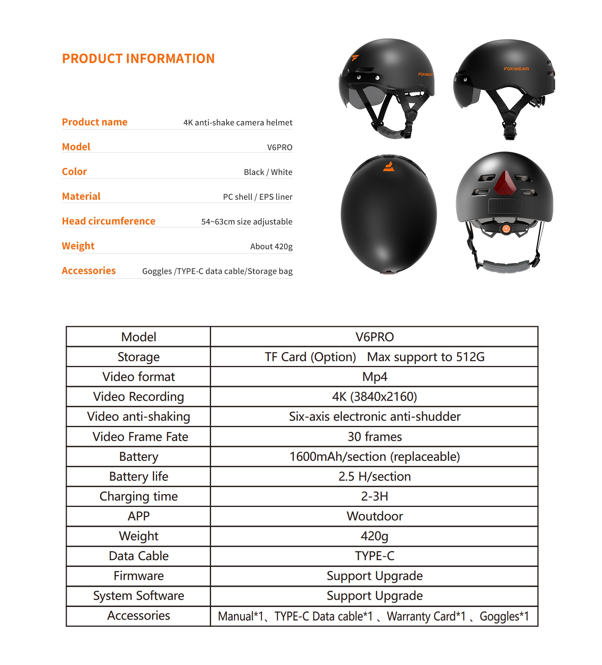 Foxwear V6 Pro 4K HD Anti-Shake Video Recorder Cycling Bike Smart Helmet