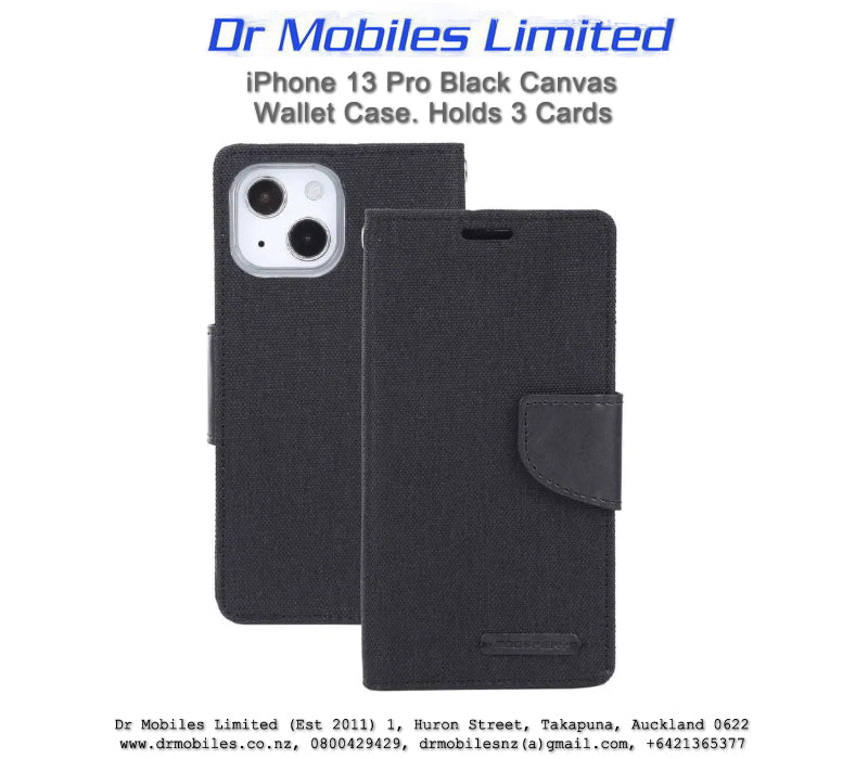 Mercury Goospery Apple iPhone 13 Pro, 6.1" Canvas Diary Case - Black