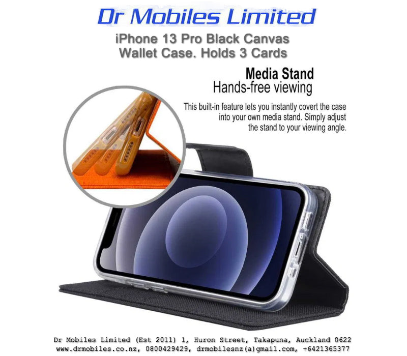 Mercury Goospery Apple iPhone 13 Pro, 6.1" Canvas Diary Case - Black