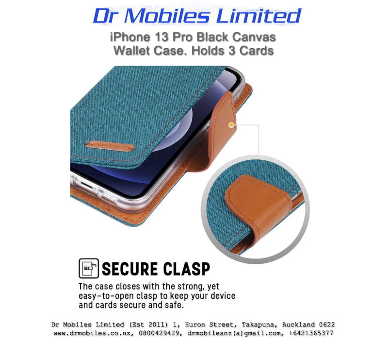 Mercury Goospery Apple iPhone 13 Pro, 6.1" Canvas Diary Case - Black