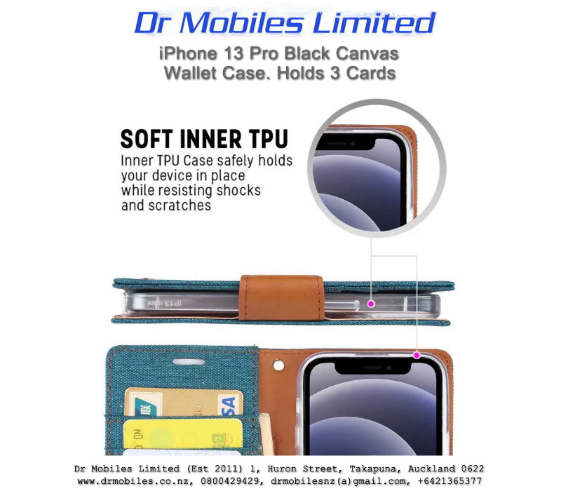 Mercury Goospery Apple iPhone 13 Pro, 6.1" Canvas Diary Case - Black