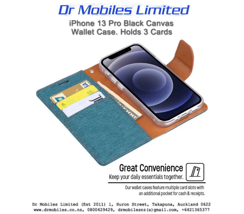 Mercury Goospery Apple iPhone 13 Pro, 6.1" Canvas Diary Case - Black