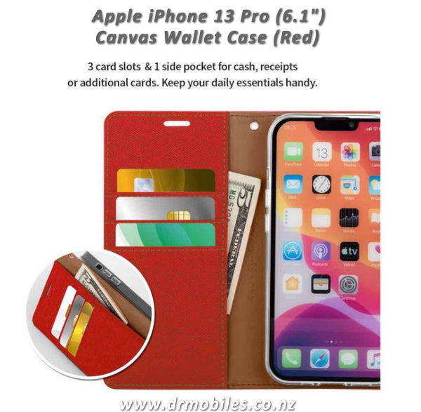Mercury Goospery Apple iPhone 13 Pro, 6.1" Canvas Diary Case - Red