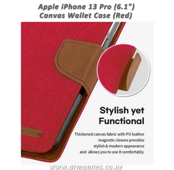 Mercury Goospery Apple iPhone 13 Pro, 6.1" Canvas Diary Case - Red