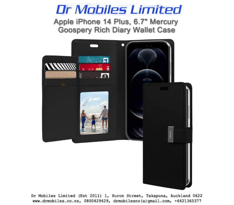 Mercury Goospery iPhone 14 Plus, Rich Diary 5 Pocket Wallet iPhone 14 Plus, 6.7" - Black