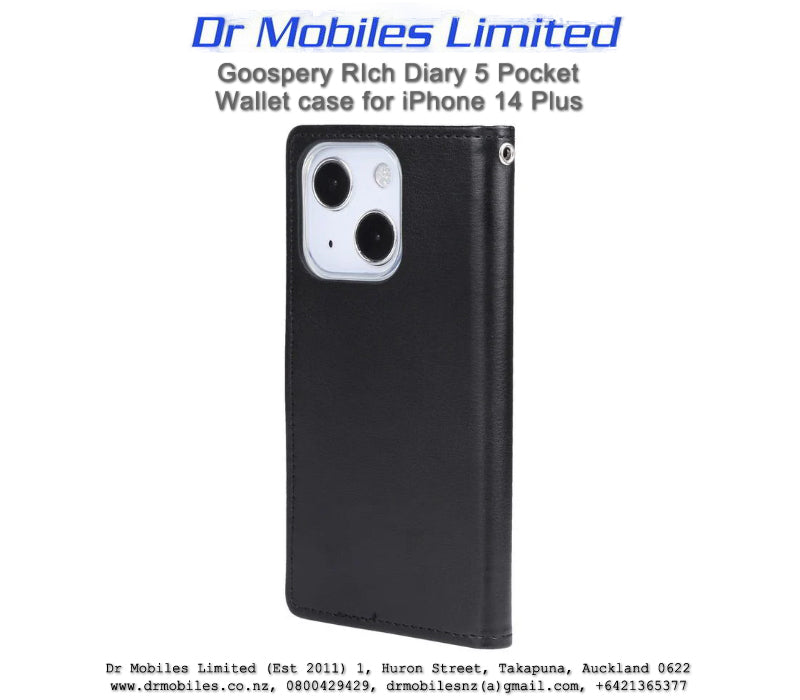Mercury Goospery iPhone 14 Plus, Rich Diary 5 Pocket Wallet iPhone 14 Plus, 6.7" - Black
