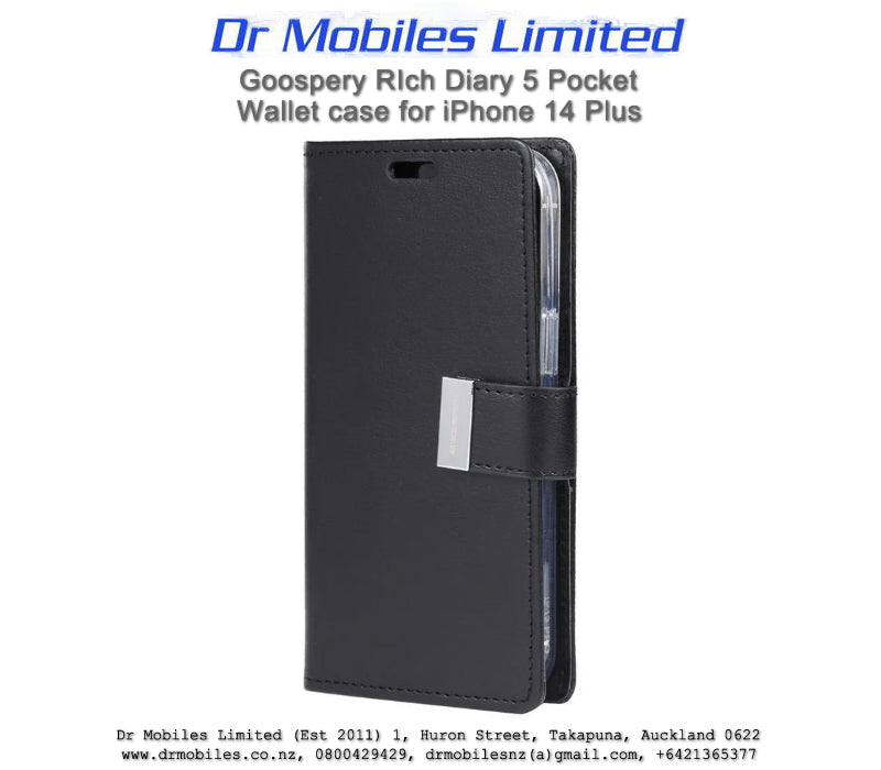 Mercury Goospery iPhone 14 Plus, Rich Diary 5 Pocket Wallet iPhone 14 Plus, 6.7" - Black