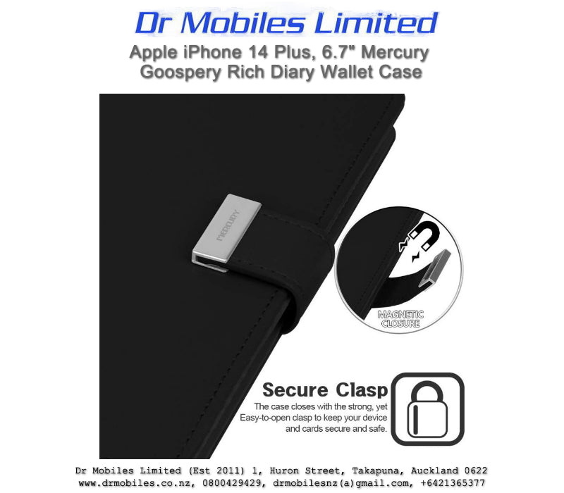 Mercury Goospery iPhone 14 Plus, Rich Diary 5 Pocket Wallet iPhone 14 Plus, 6.7" - Black
