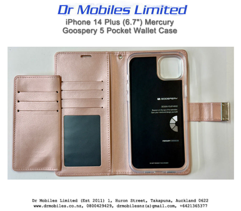 iPhone 14 Plus Mercury Goospery, 5 Pockets Rich Dairy Case - Gold, Blue