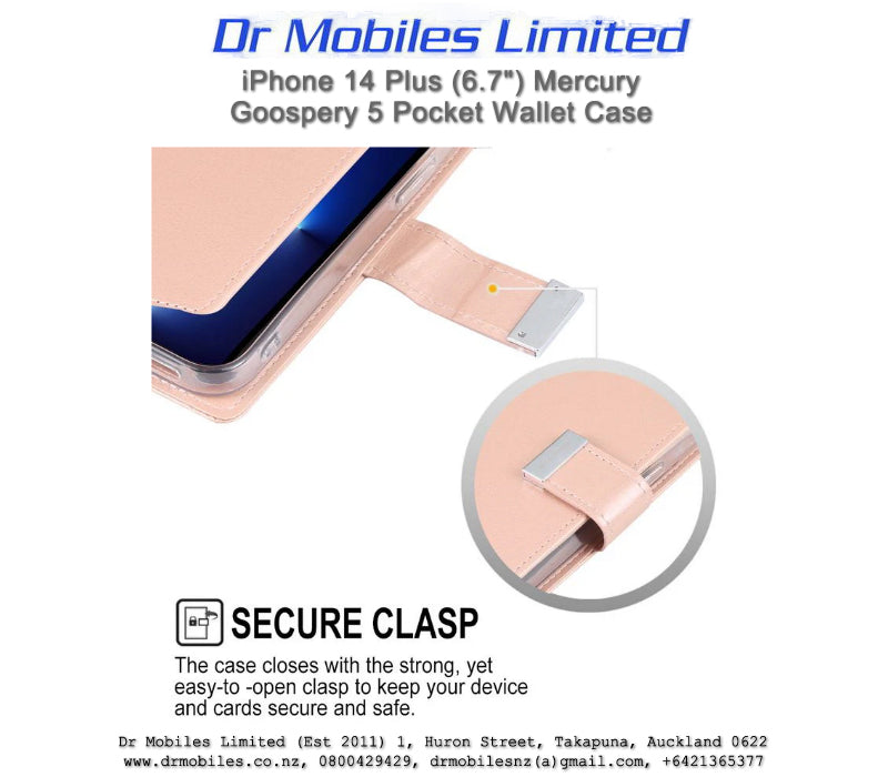 iPhone 14 Plus Mercury Goospery, 5 Pockets Rich Dairy Case - Gold, Blue