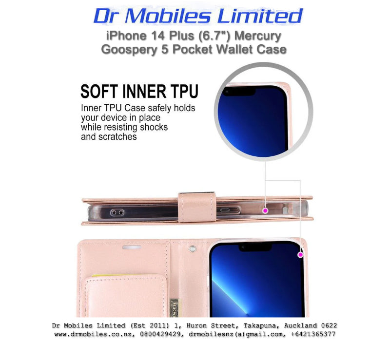 iPhone 14 Plus Mercury Goospery, 5 Pockets Rich Dairy Case - Gold, Blue