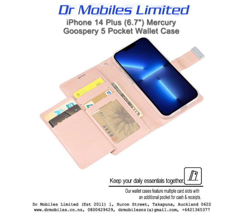 iPhone 14 Plus Mercury Goospery, 5 Pockets Rich Dairy Case - Gold, Blue