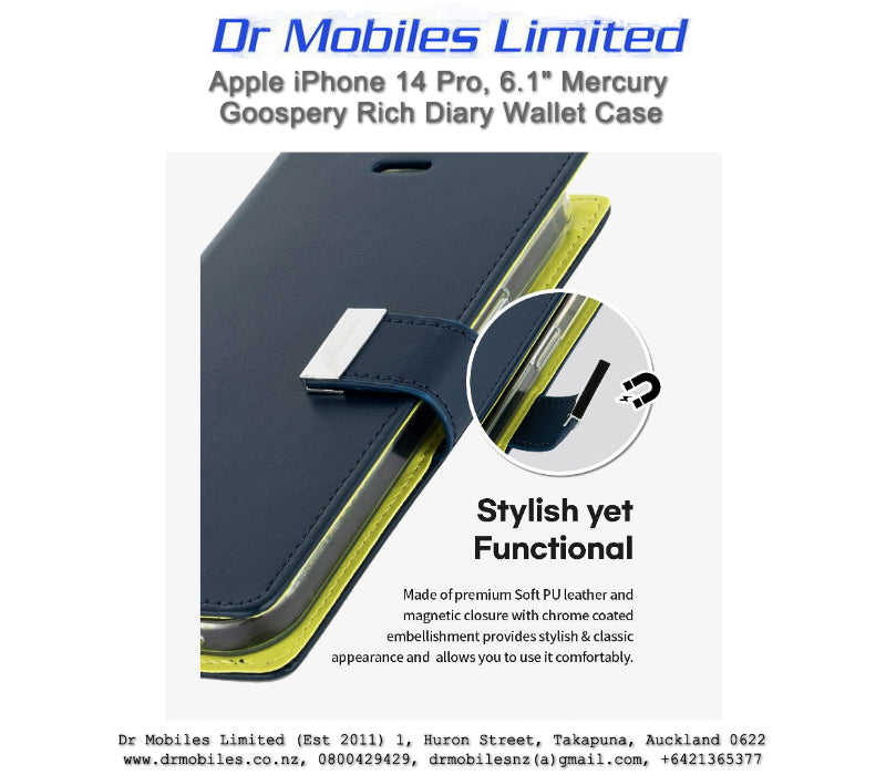 Mercury Goospery Rich Diary 5 Pocket Wallet Case for Apple iPhone 14 Pro, 6.1"