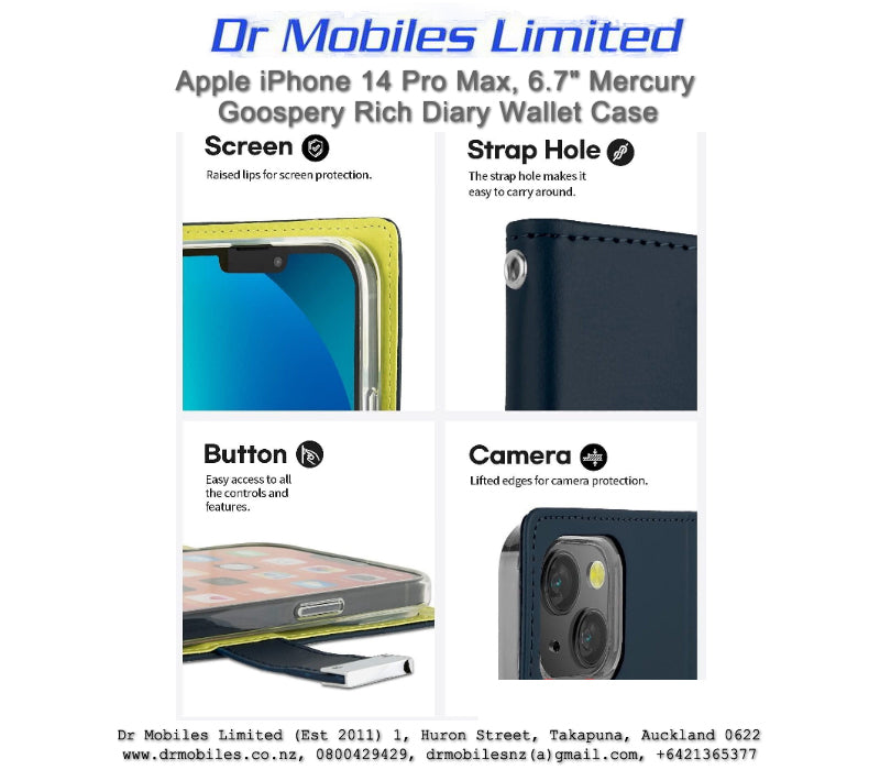 Mercury Goospery Rich Diary 5 Pocket Wallet Case for Apple iPhone 14 Pro Max, 6.7"