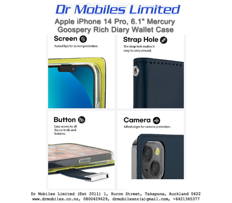 Mercury Goospery Rich Diary 5 Pocket Wallet Case for Apple iPhone 14 Pro, 6.1"