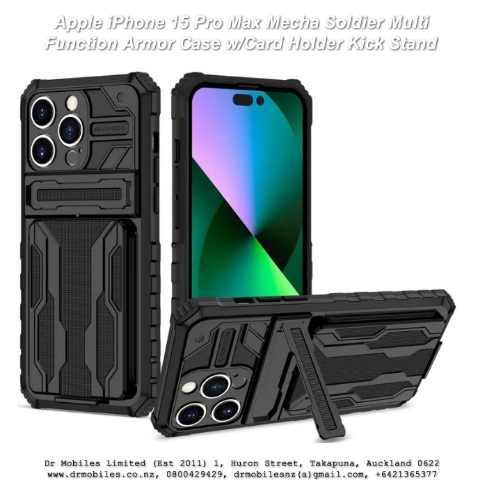 Apple iPhone 15 Pro Max Mecha Soldier Multi Function Armor Case w/ Card Holder, Kick Stand