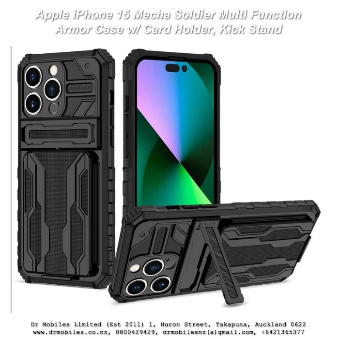 Apple iPhone 15 Mecha Soldier Multi Function Armor Case w/ Card Holder, Kick Stand