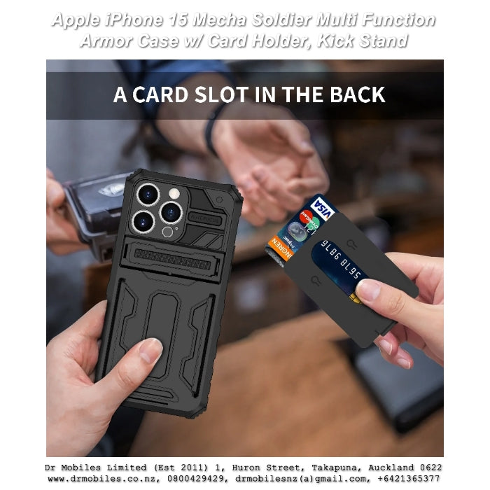 Apple iPhone 15 Pro Max Mecha Soldier Multi Function Armor Case w/ Card Holder, Kick Stand