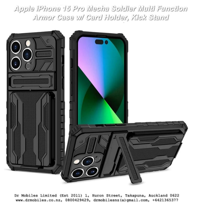 Apple iPhone 15 Plus Mecha Soldier Multi Function Armor Case w/ Card Holder, Kick Stand
