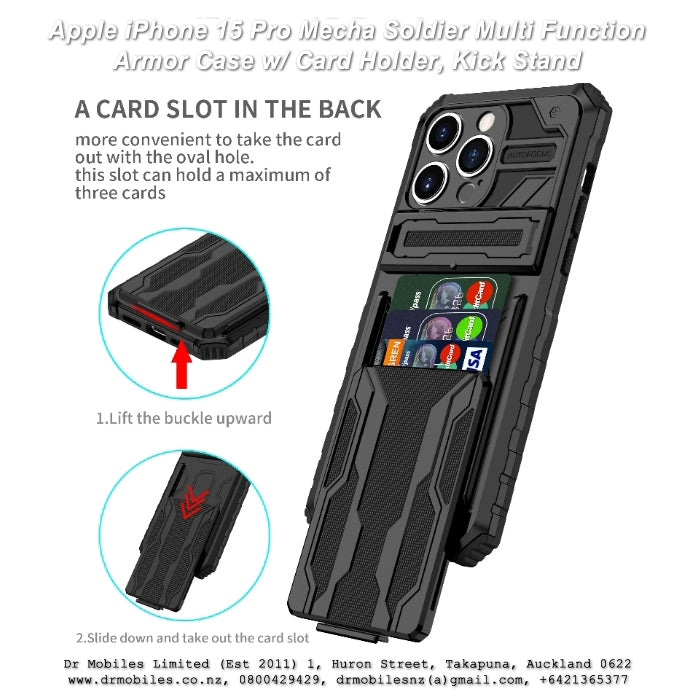 Apple iPhone 15 Plus Mecha Soldier Multi Function Armor Case w/ Card Holder, Kick Stand
