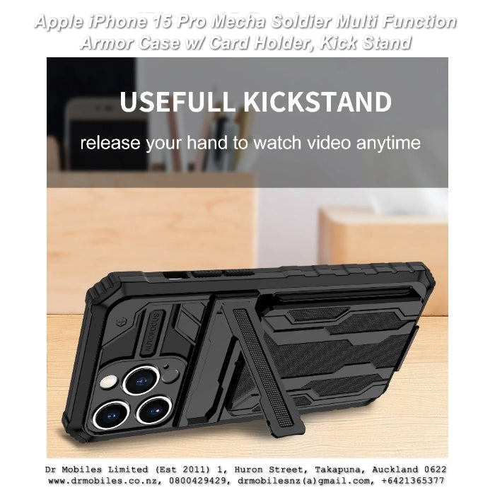 Apple iPhone 15 Plus Mecha Soldier Multi Function Armor Case w/ Card Holder, Kick Stand