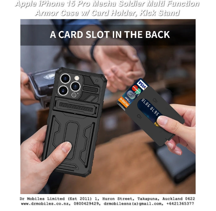 Apple iPhone 15 Pro Mecha Soldier Multi Function Armor Case w/ Card Holder, Kick Stand