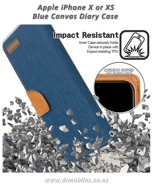 Apple iPhone X or XS Canvas Diary Case - Blue